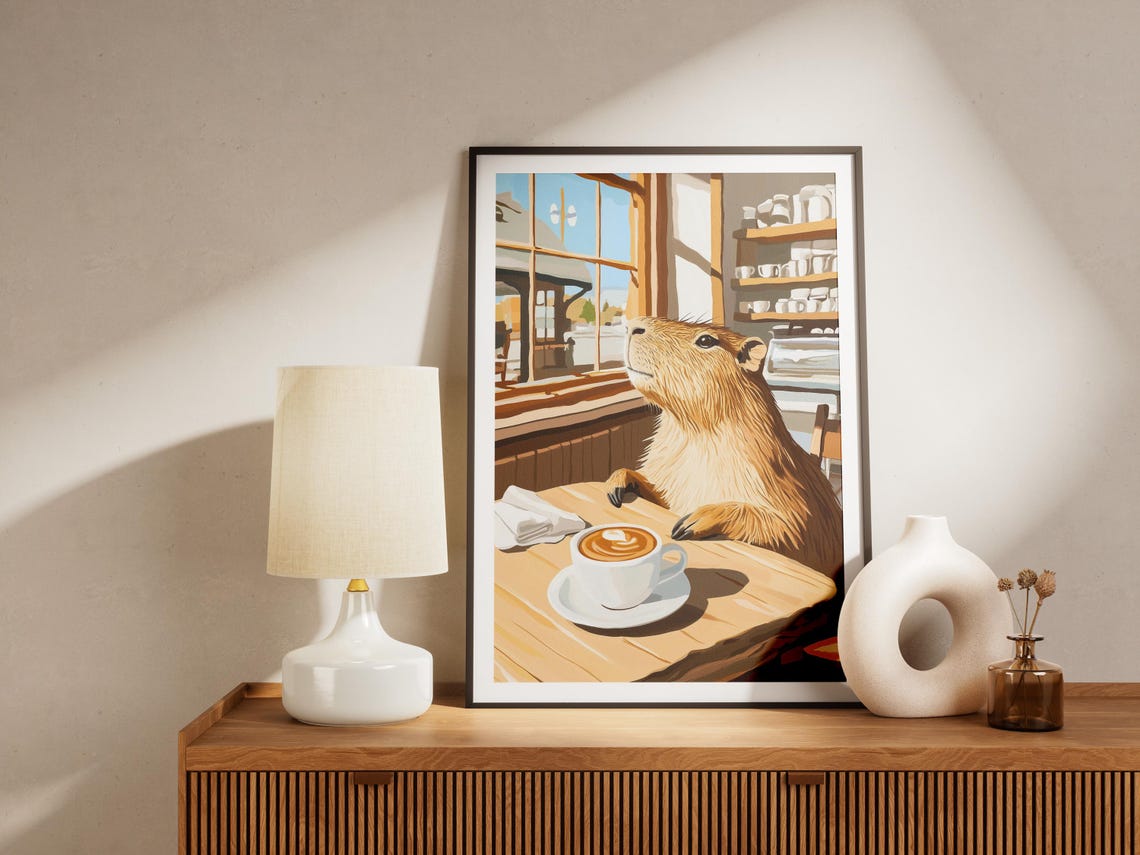 Chill Capybara with Latte Art Coffee at a Cozy Cafe Window Poster - Image 4