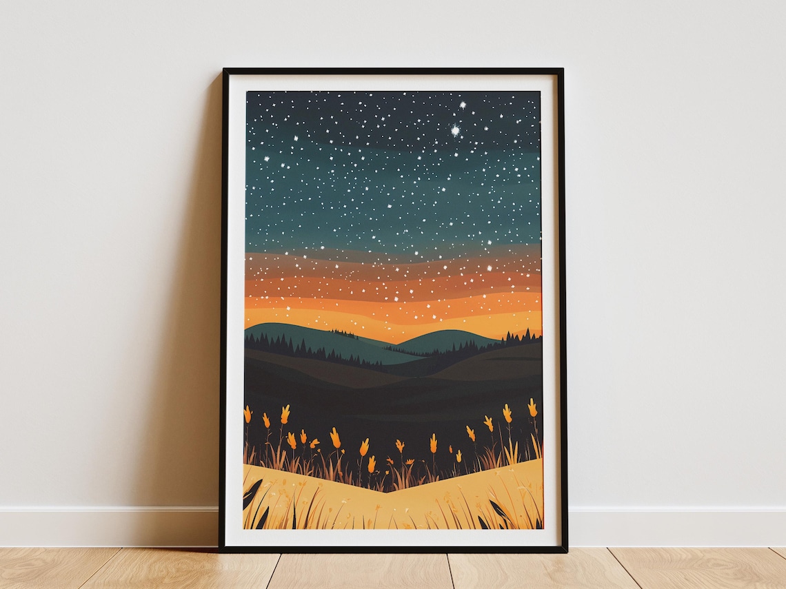 Starry Night Prairie Golden Wildflowers Sunset Horizon Poster