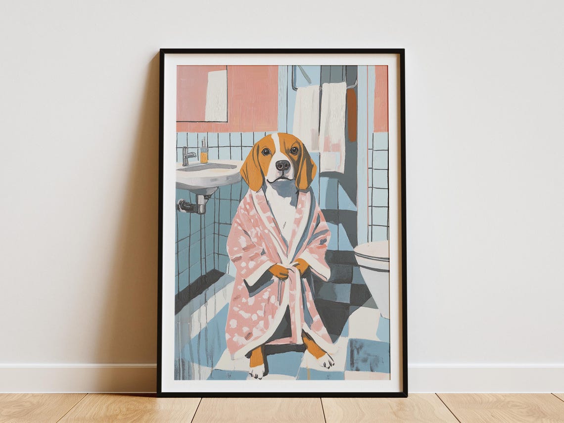 Beagle Dog Standing in a Pink Floral Bathrobe Bathroom Poster