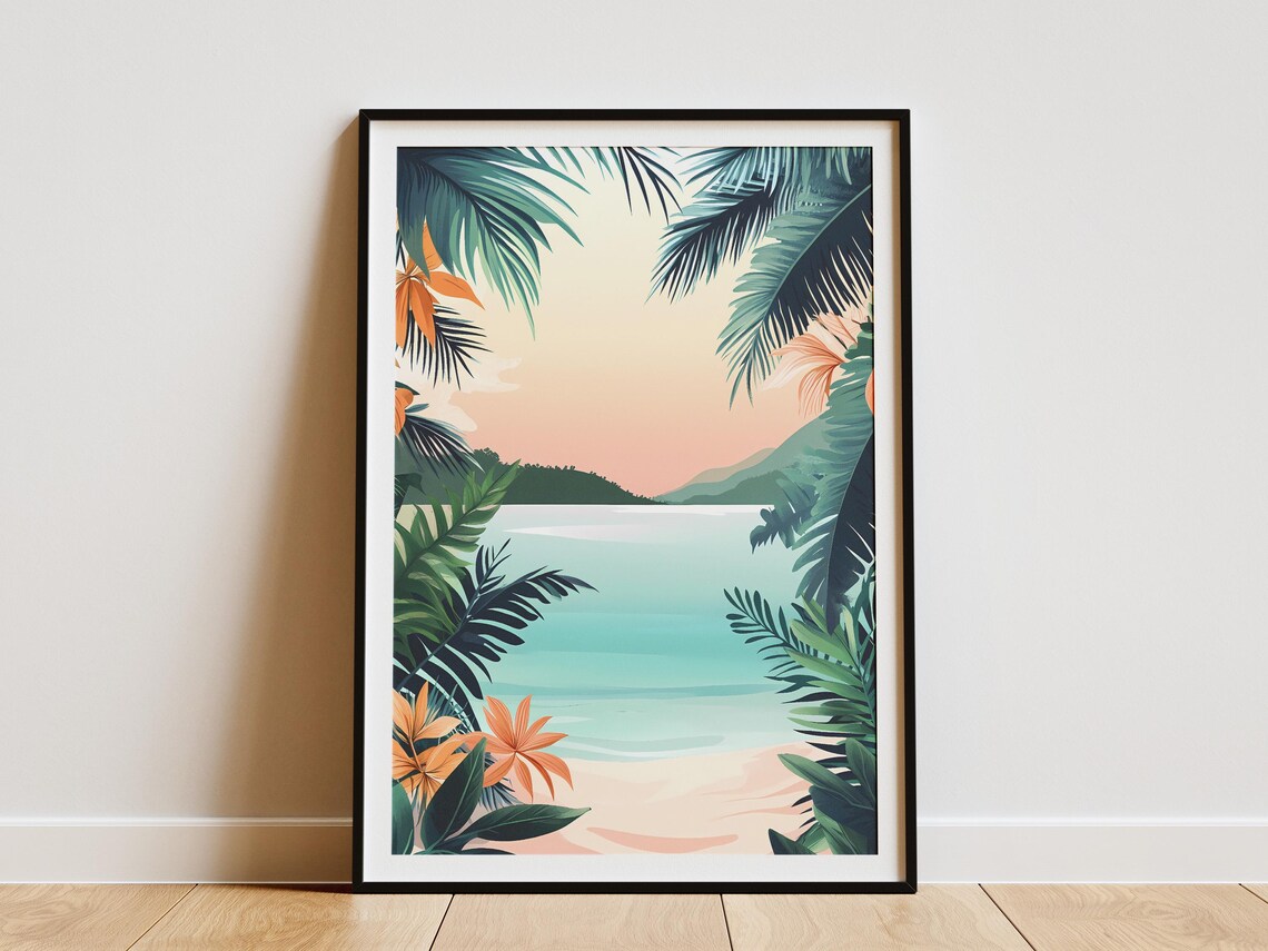 Tropical Sunset Bay Palm Fronds Pink Sky Ocean Illustration Poster
