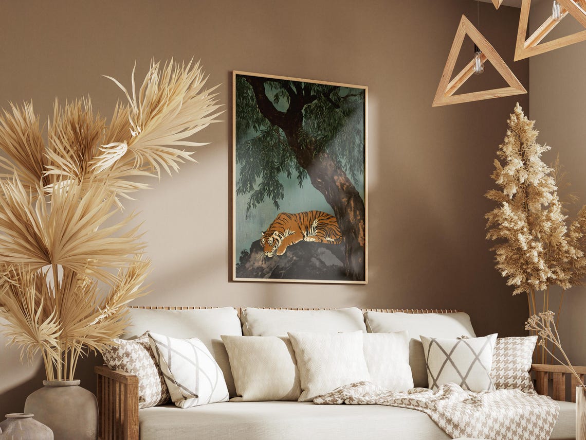 Resting Tiger Under Banyan Tree Vintage Asian Wildlife Art Poster - Image 3