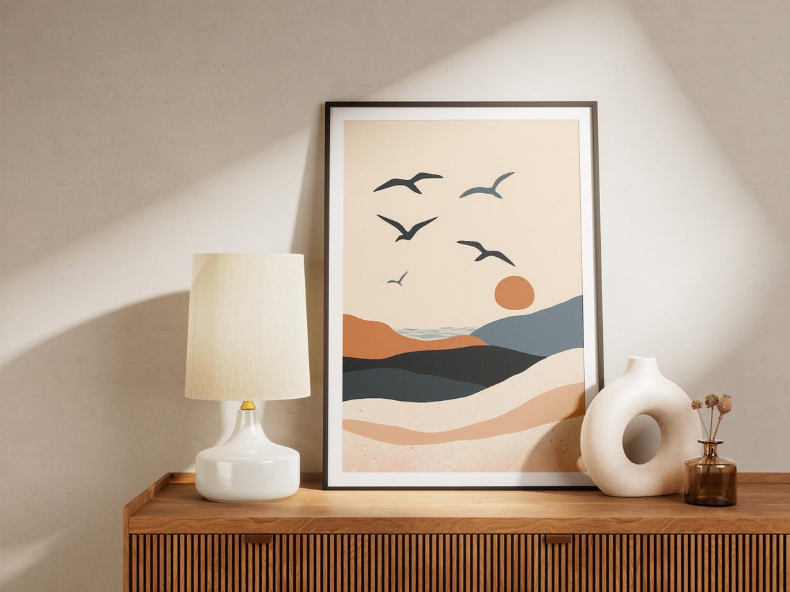 Seagulls over Sunset Dunes Abstract Coastal Landscape Poster - Image 5