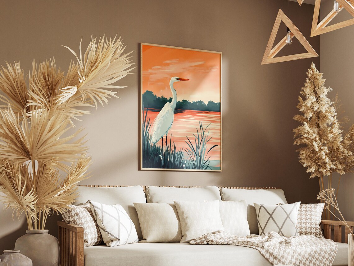 Elegant White Heron Sunset Marsh Orange Sky Wetland Bird Art Poster - Image 3