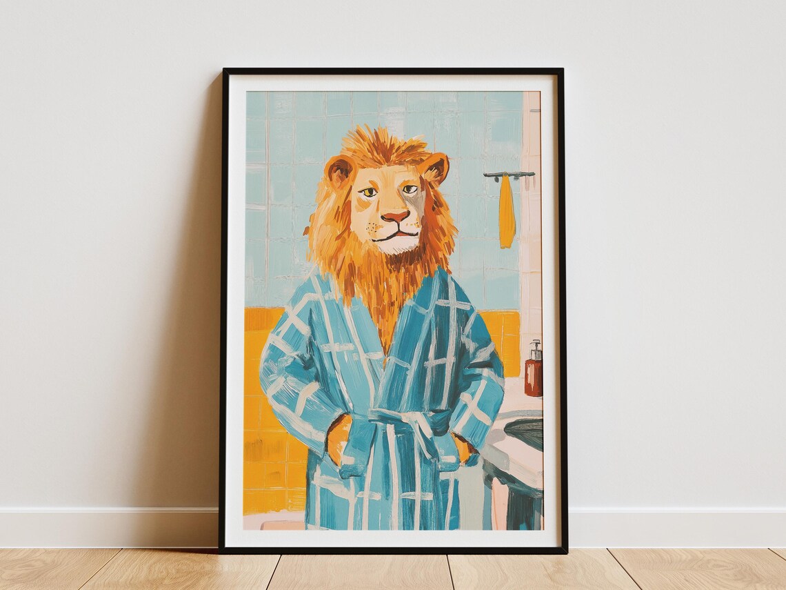 Majestic Lion In Blue Plaid Bathrobe Regal Animal Bathroom Poster