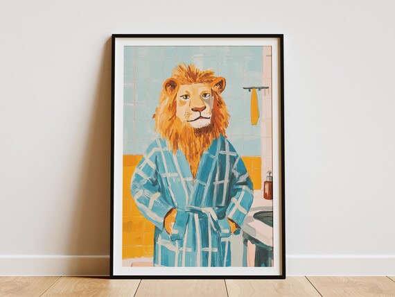 Majestic Lion In Blue Plaid Bathrobe Regal Animal Bathroom Poster