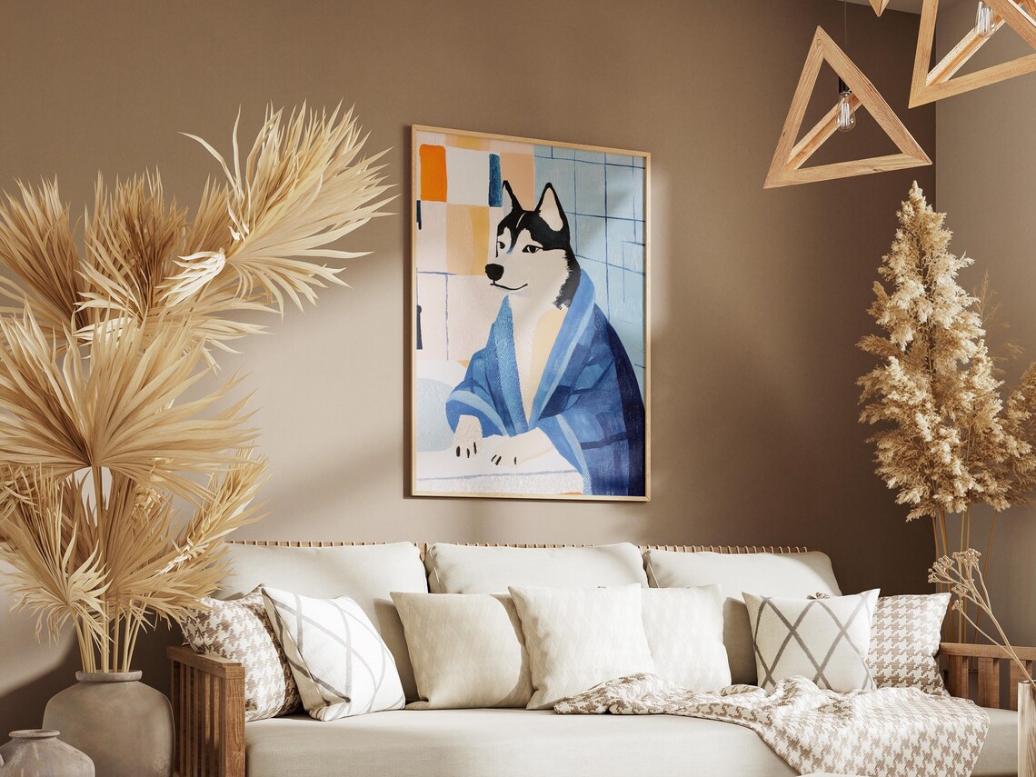 Husky Dog in Blue Bathrobe Matisse Style Modern Bathroom Art Poster - Image 3