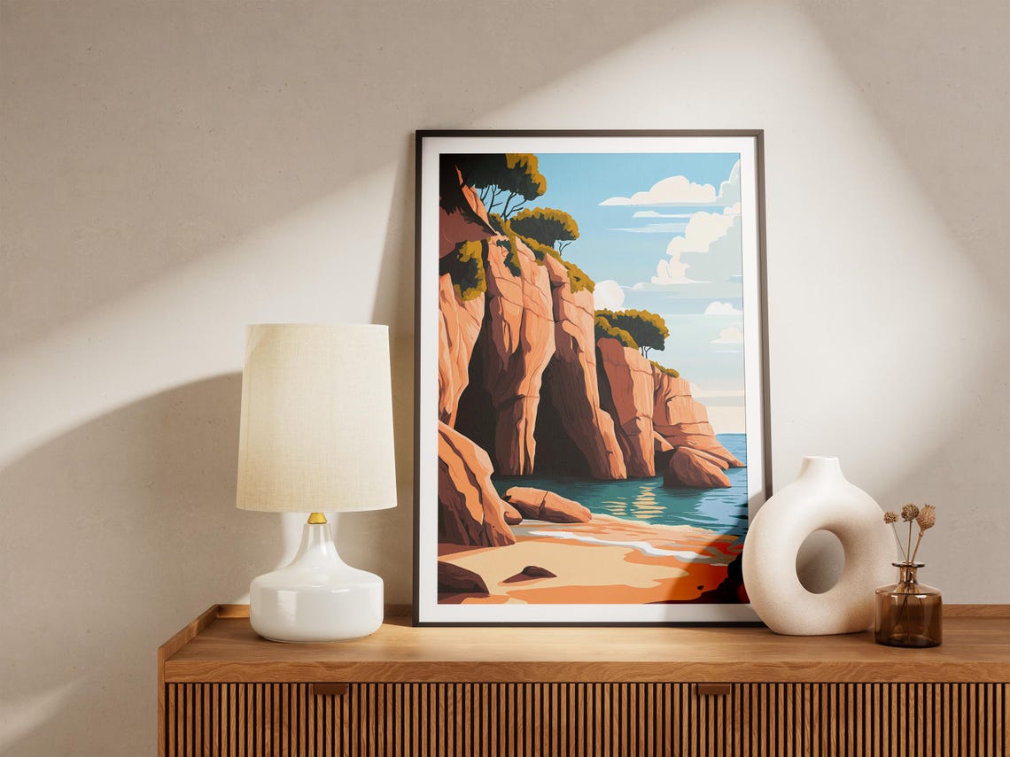 Sea Cave Red Rock Cliffs Coastal Beach Summer Illustration Poster - Image 5
