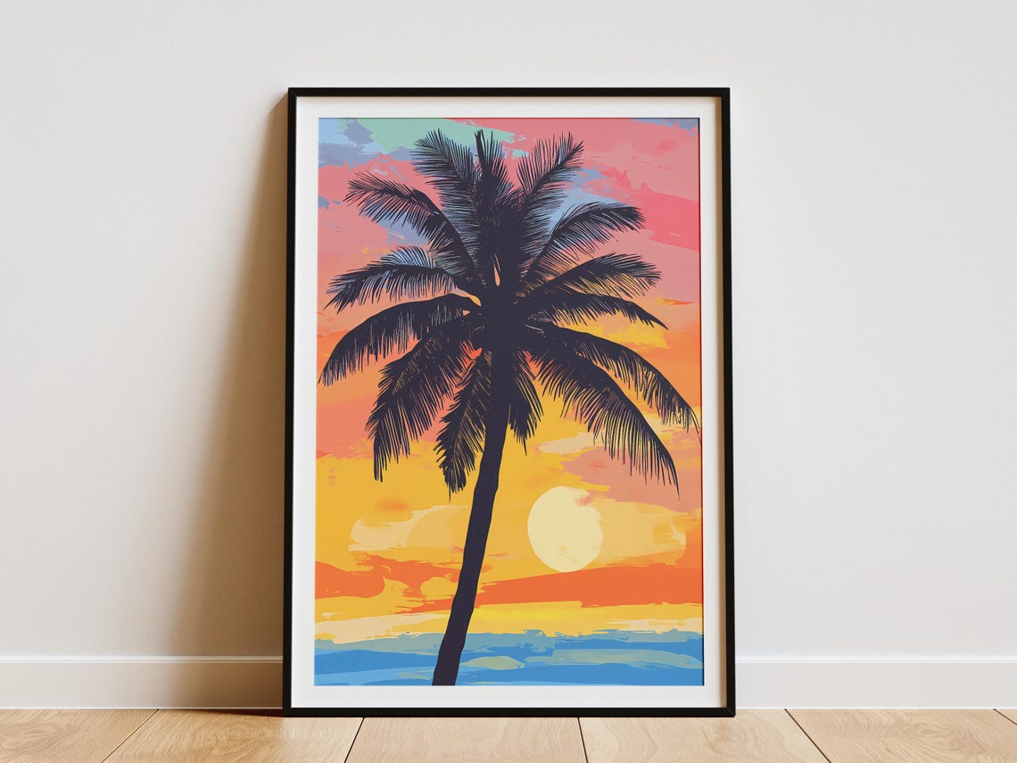 Palm Tree Sunset Silhouette Tropical Beach Ocean Art Sunny Poster