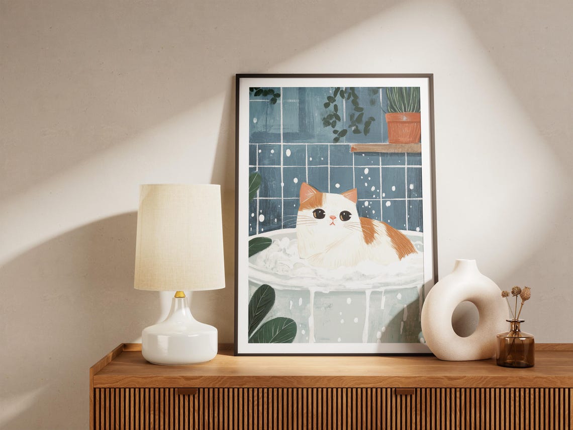 Sweet Orange White Cat Bubble Bath Botanical Bathroom Poster - Image 4