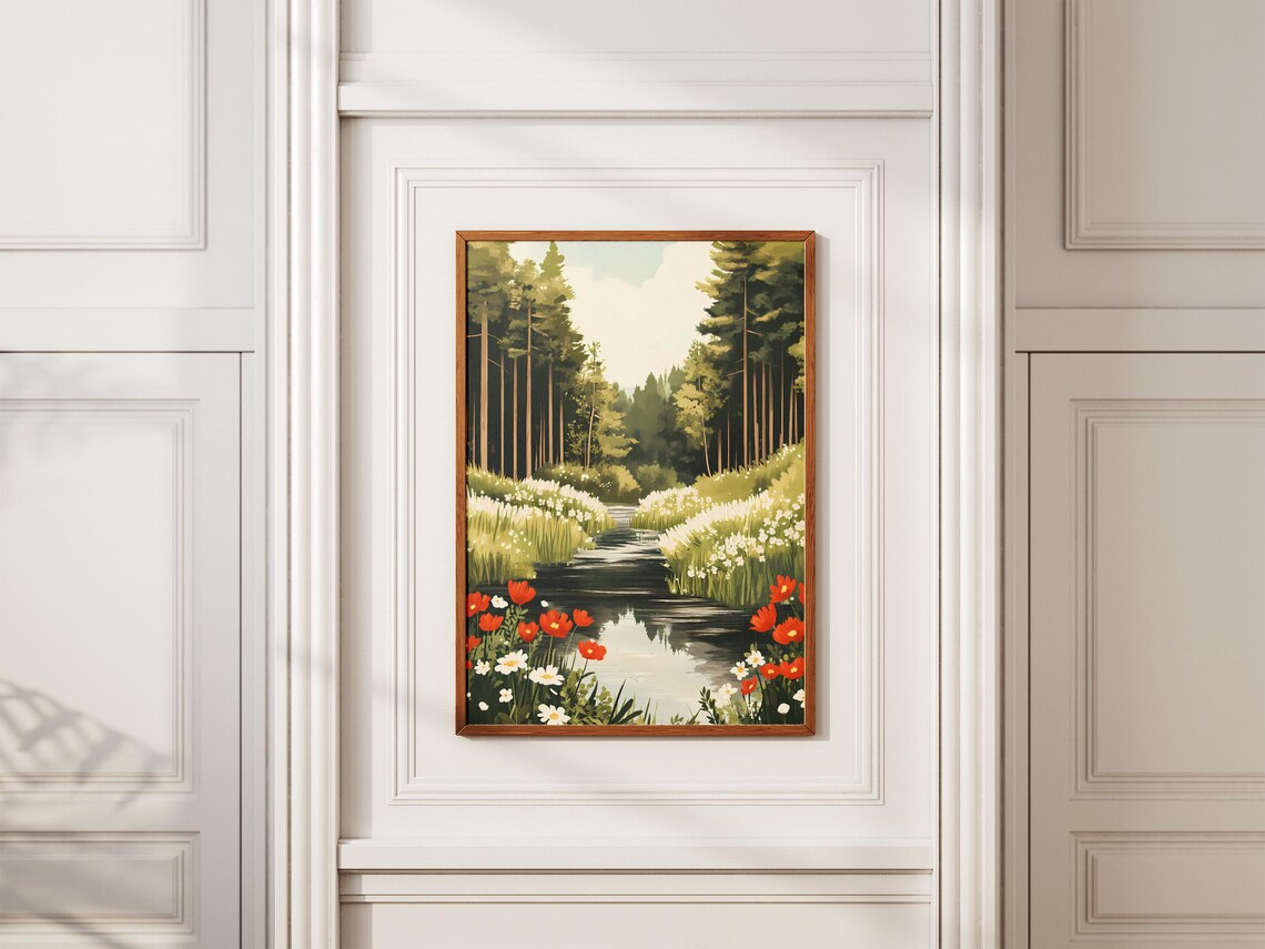 Forest River With Red Poppies And White Wildflower Banks Poster - Image 2