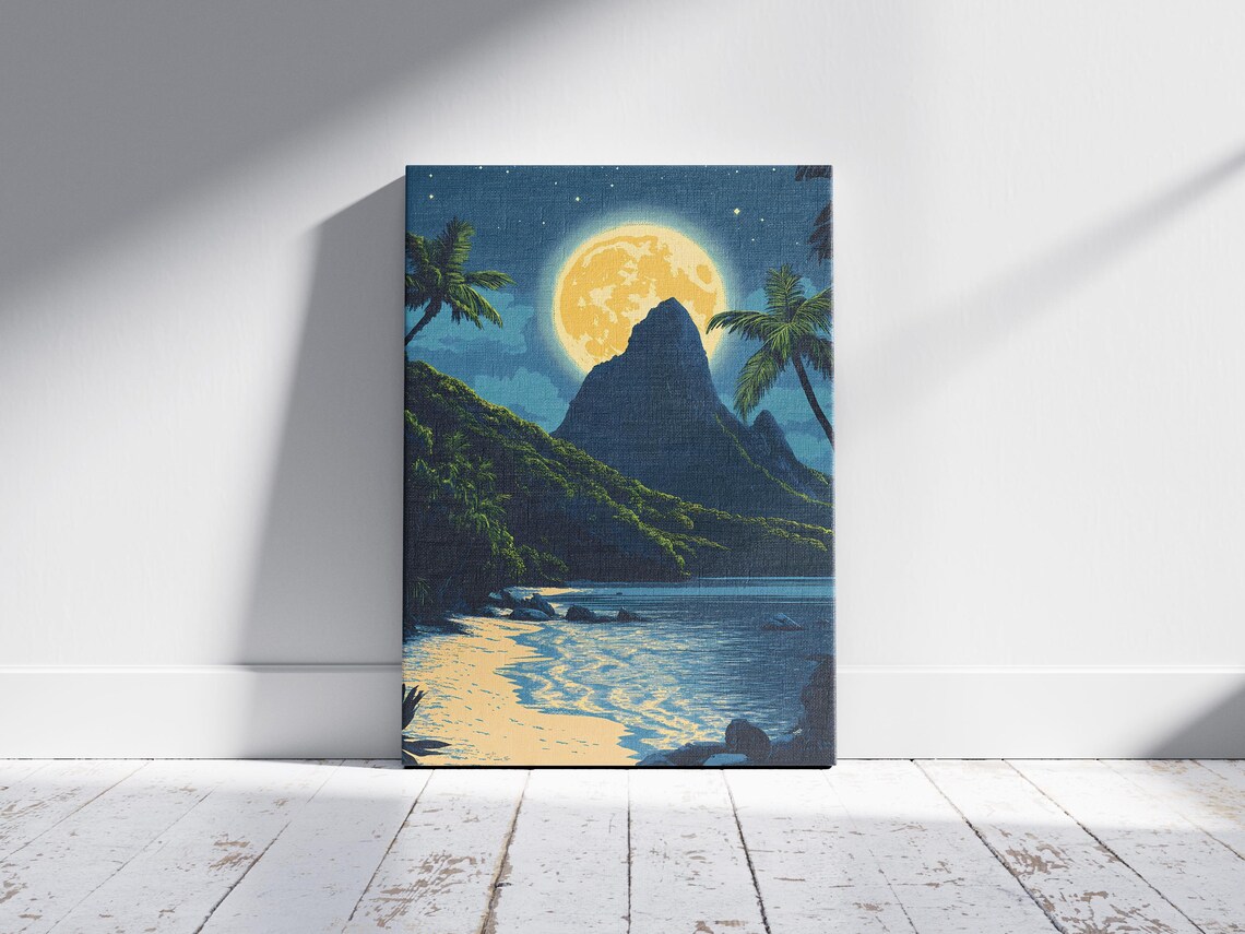 National Park of American Samoa Moonlit Beach Palm Peak Night Art Poster - Image 2
