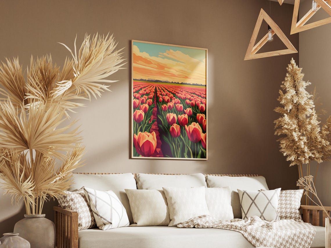 Sunset Tulip Field Orange Tulips Flower Farm Landscape Poster - Image 3