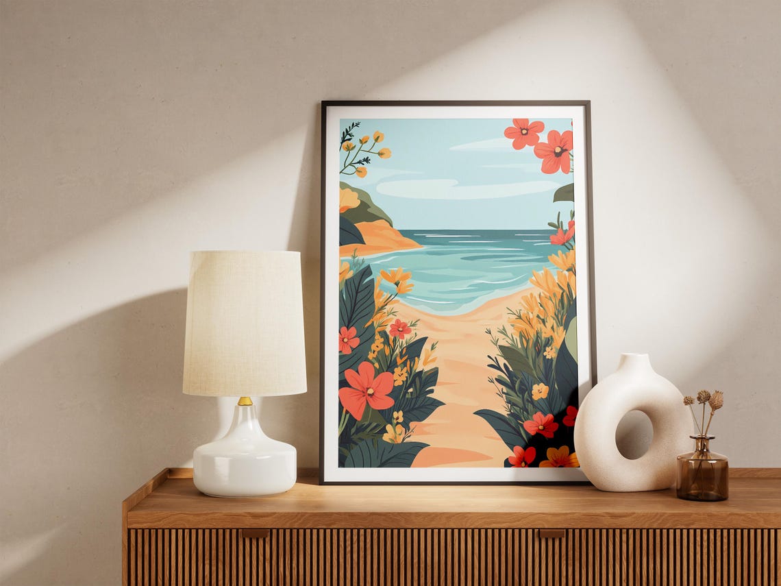 Beach Path Through Tropical Flowers Summer Coastal Illustration Poster - Image 5