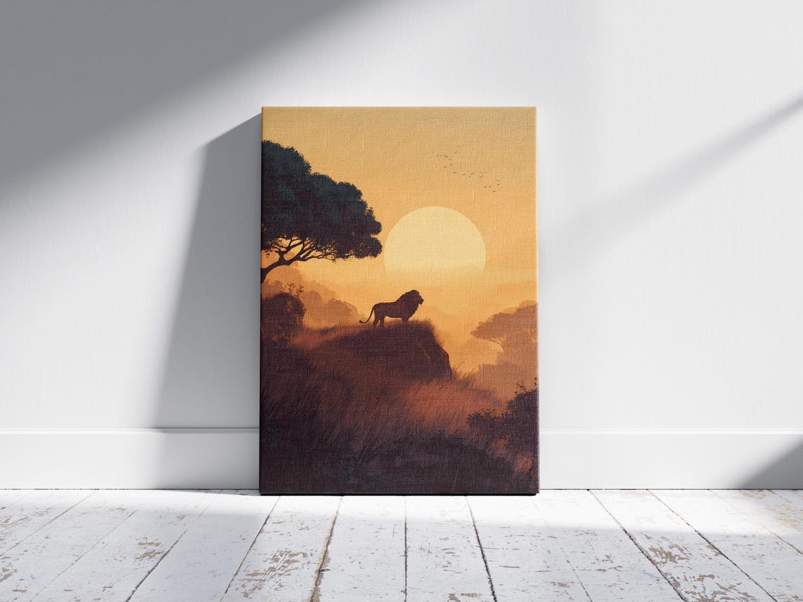 Lion Silhouette at Sunrise on Savanna Rock Acacia Tree Art Poster - Image 2