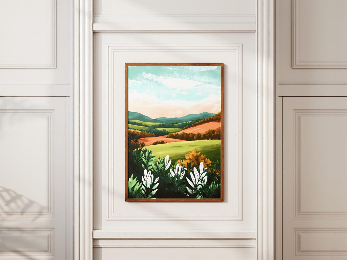 Rolling Green Valley With Orange Hills Modern Countryside Poster - Image 2