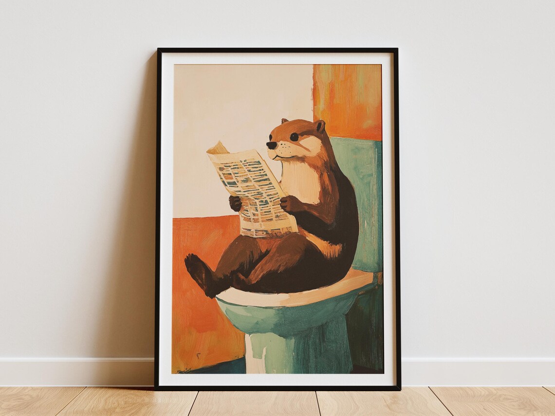 Quirky Otter Reading Newspaper On Toilet Modern Bathroom Poster