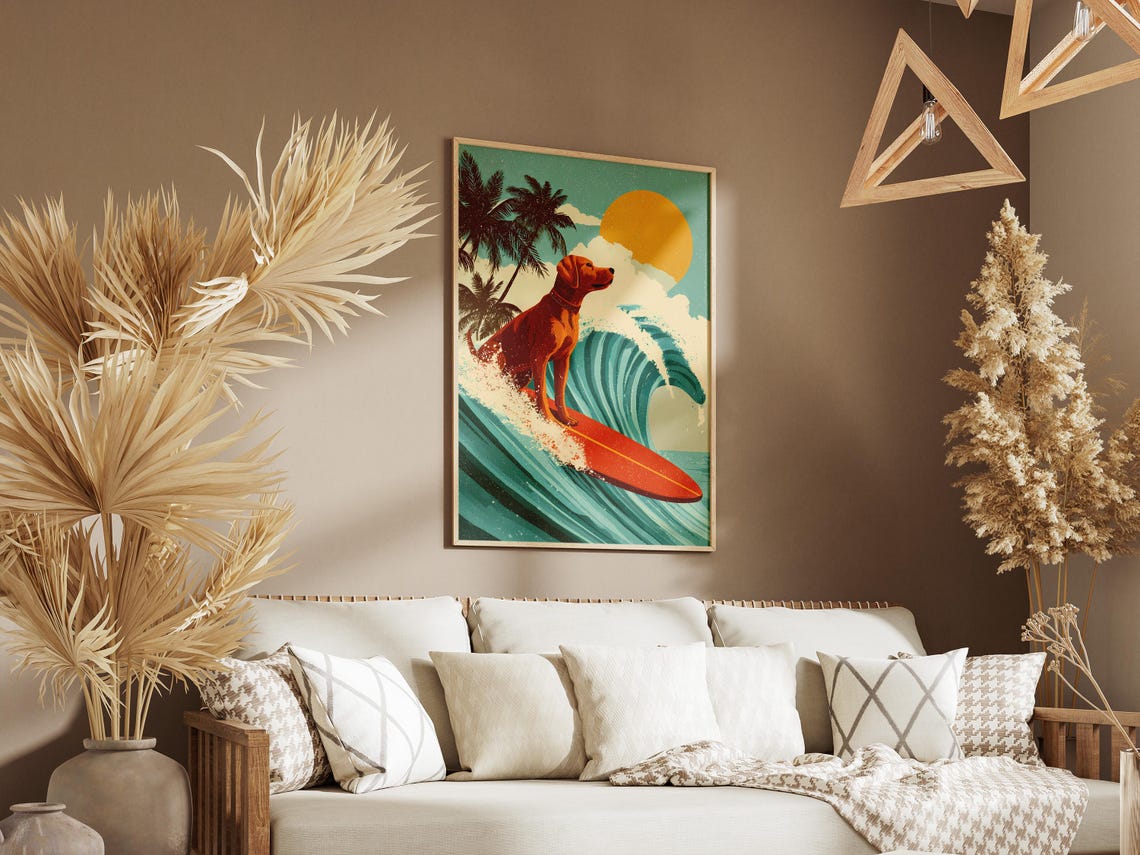 Surfing Dog Riding Wave Retro Beach Art Funny Canine Surf Poster - Image 3