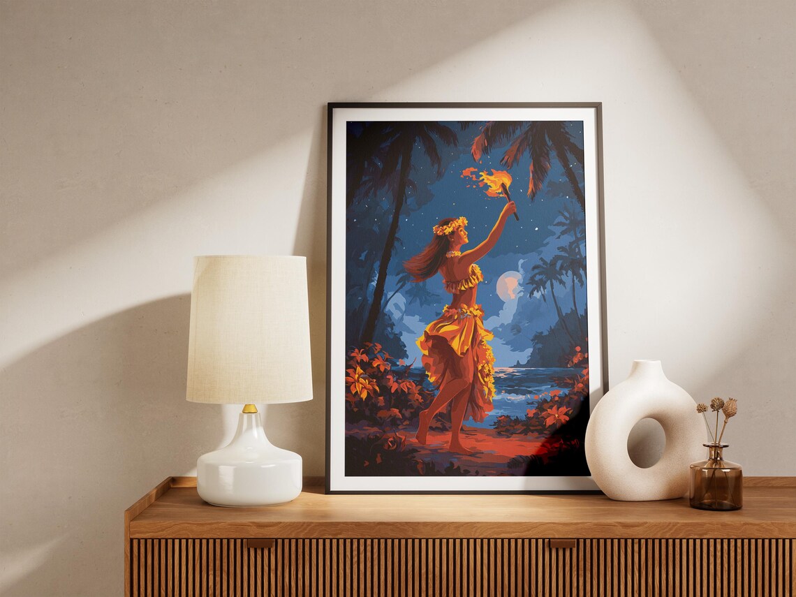 Fire Hula Dancer At Night Art Print, Hawaiian Torch - Image 4