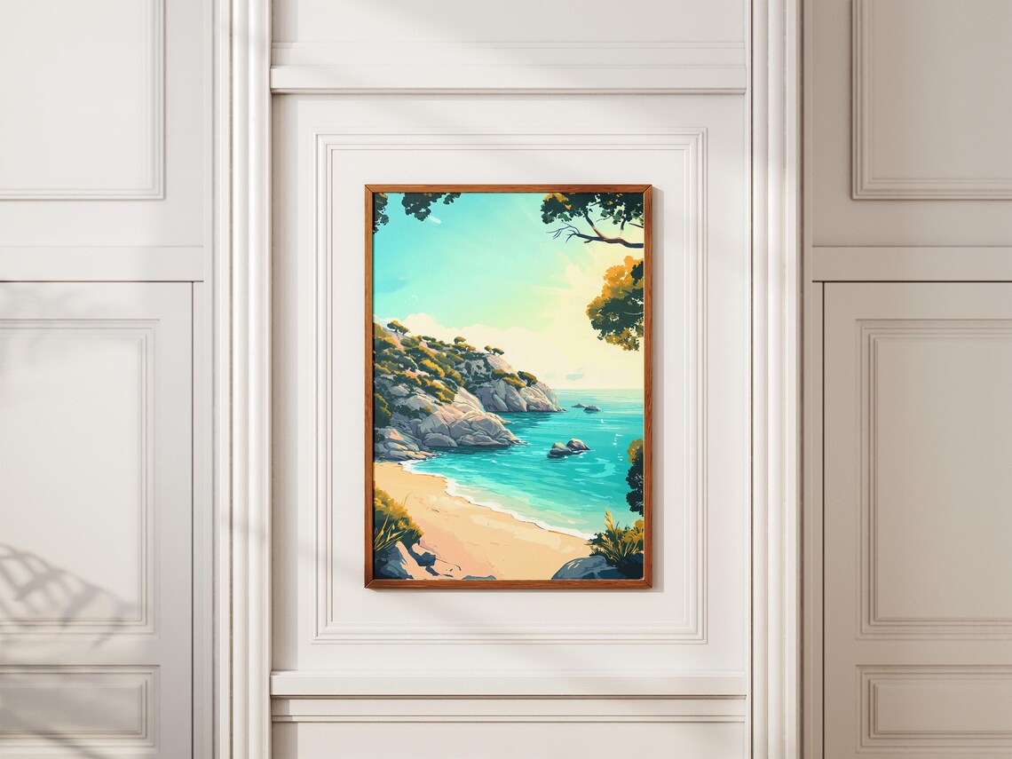 Rocky Beach Cove Turquoise Bay Golden Sun Illustration Poster - Image 2