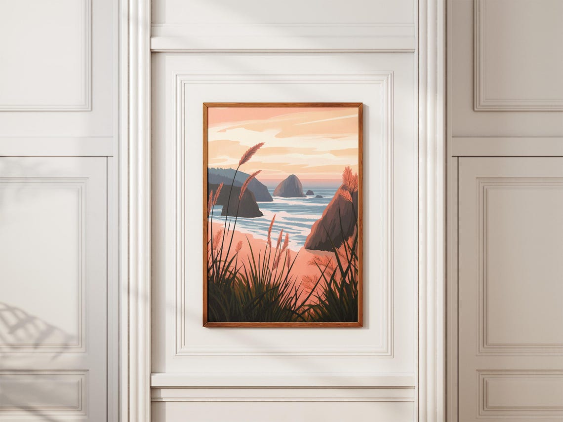 Pink Beach Grasses Framing Rocky Sea Stacks at Sunset Poster - Image 2