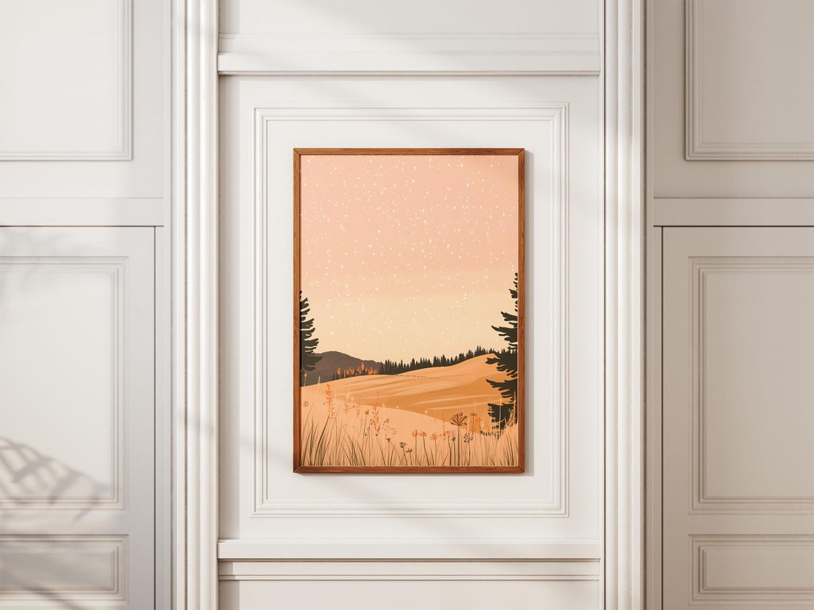 Golden Meadow Peach Starry Sky Wildflower Field Dusk Light Poster - Image 2