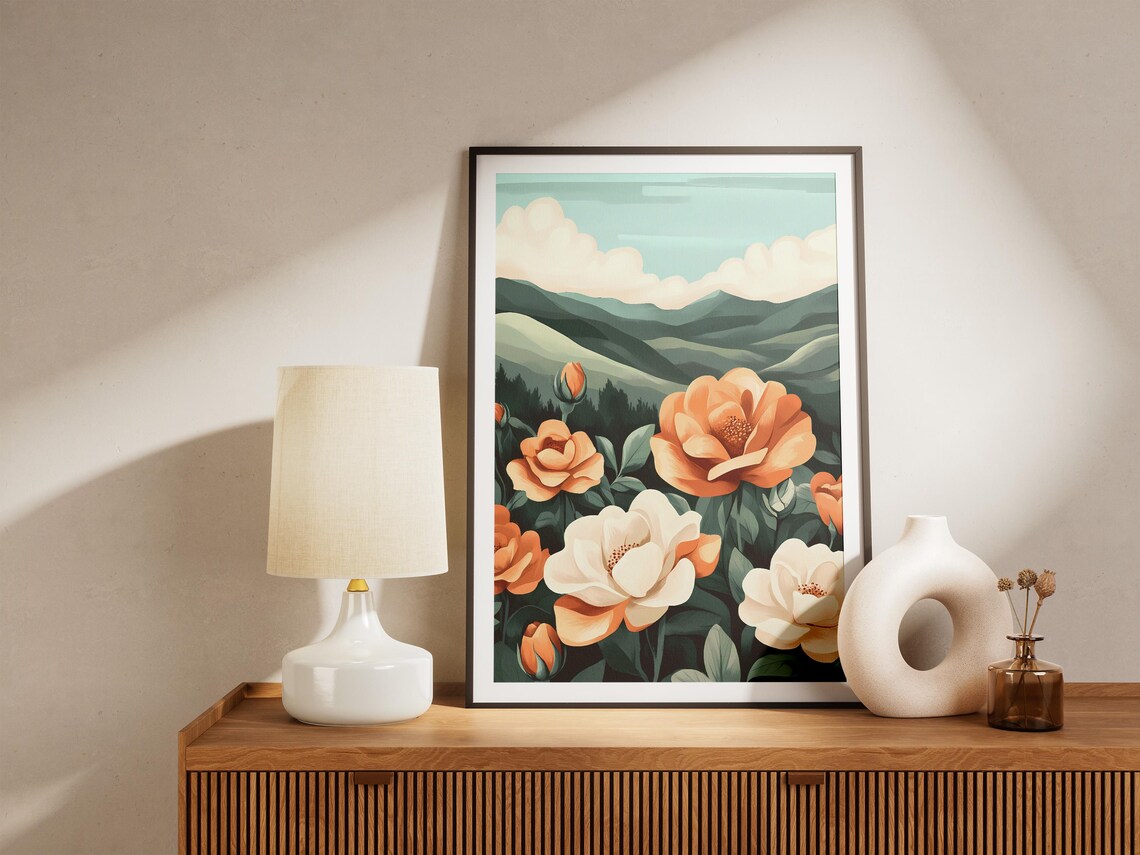 Peach And Cream Roses Blooming Before Rolling Green Mountains Poster - Image 5
