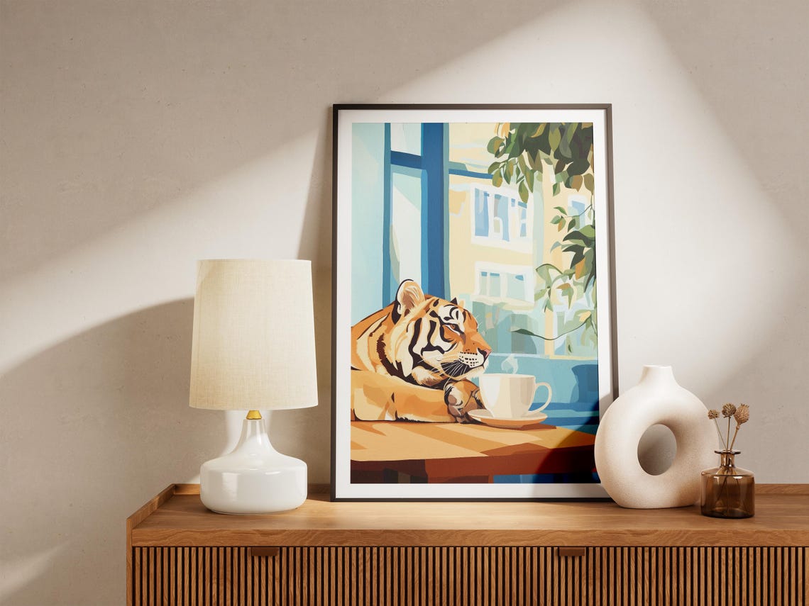 Tiger Resting At A Cafe Window Table With Steaming Coffee Poster - Image 4