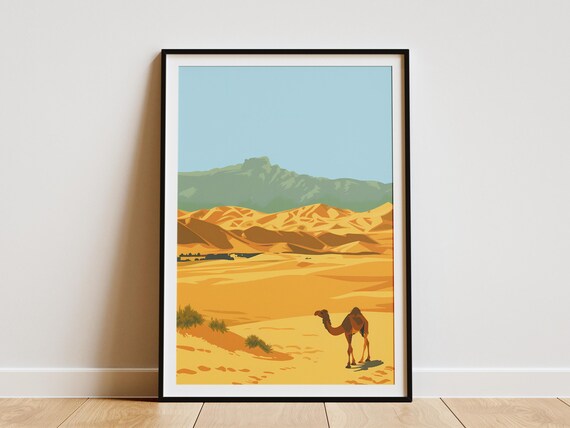 Turkmenistan Desert Poster Camel Landscape Art Print Midcentury Modern Minimalist Desert Illustration