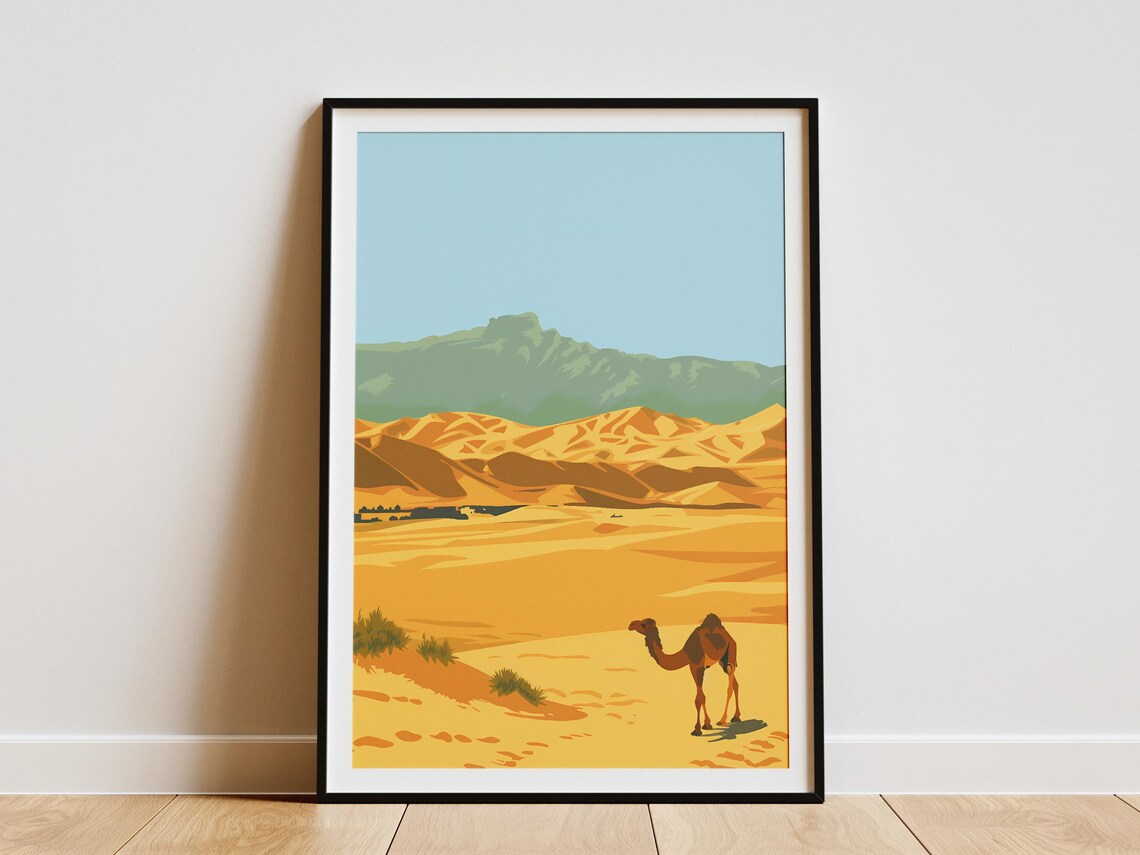 Turkmenistan Desert Camel Dunes Minimalist Travel Art Poster