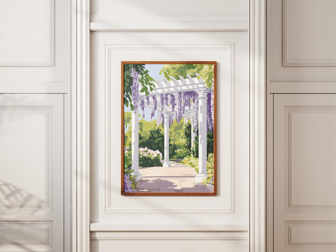 Purple Wisteria Cascading Over a White Garden Pergola Poster - Image 2