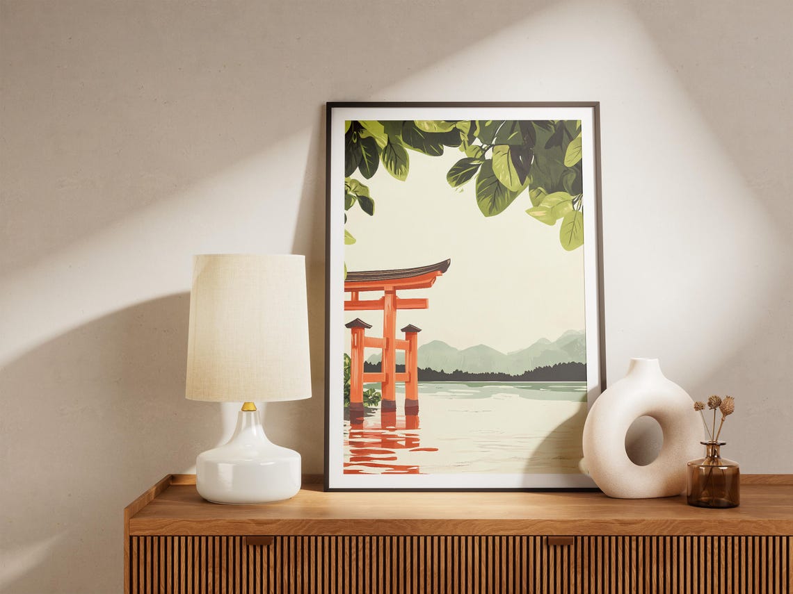 Japanese Red Torii Gate Lake Poster Print Asian Art Zen Garden Decor Japanese Landscape Travel Poster Minimalist Art Modern Japanese Art - Image 5