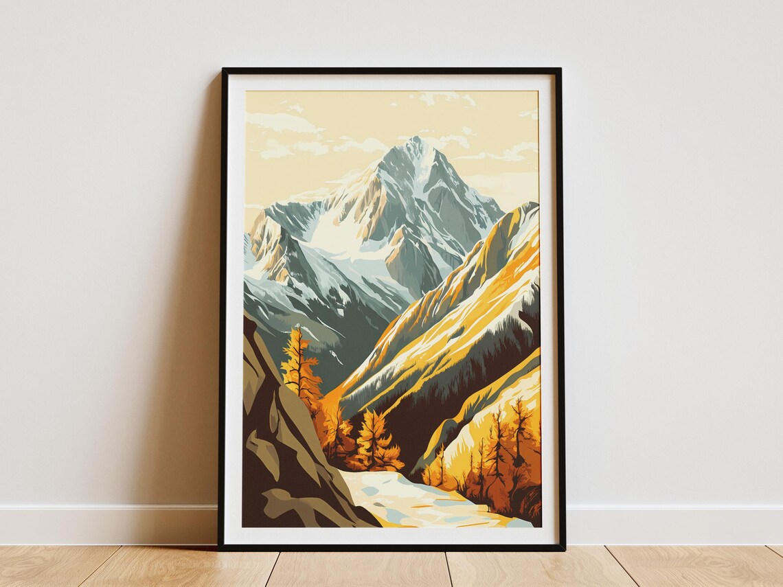 Golden Autumn Valley Snowcapped Peak Larch Trees Mountain Poster