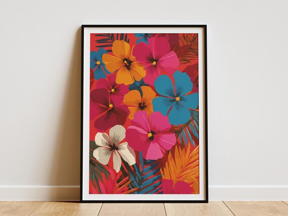 Tropical Floral Art Print Hawaiian Flower Poster Colorful Hibiscus Wall Decor Summer Home
