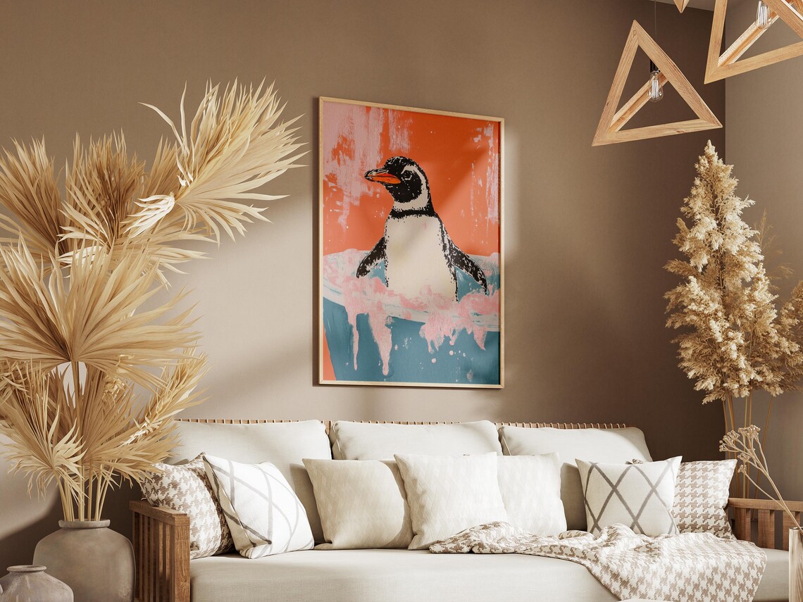 Penguin in a Bathtub with Pink Foam Cute Animal Art Wall Poster - Image 3