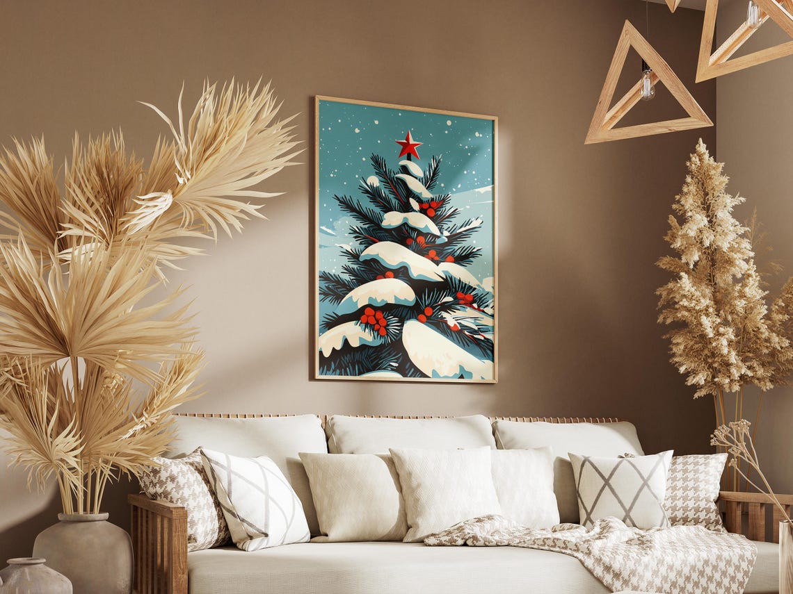 Snow-Covered Christmas Tree With Red Star Berries Holiday Poster - Image 3