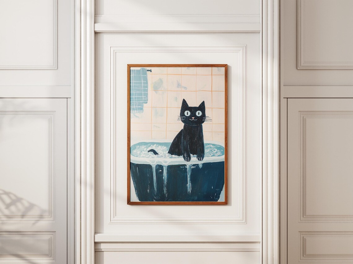 Black Cat Bubble Bath Dark Blue Tub Whimsical Bathroom Poster - Image 2