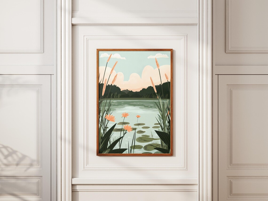 Orange Water Lilies Dawn Pond Lily Pads Reeds Serene View Poster - Image 2