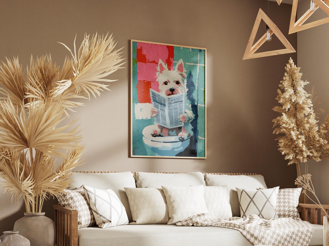 West Highland Terrier on Toilet Reading Newspaper Funny Poster - Image 3