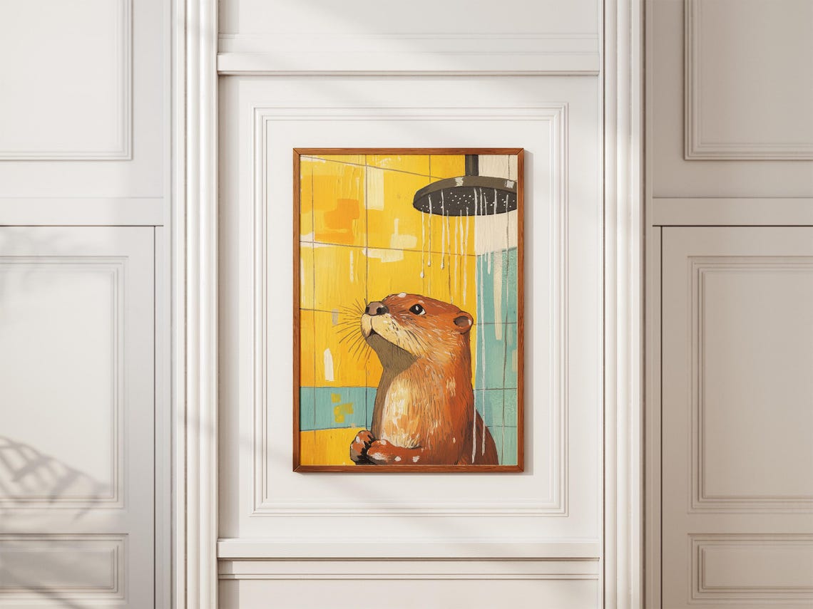 Otter Enjoying Running Shower Yellow Tile Bathroom Fun Poster - Image 2