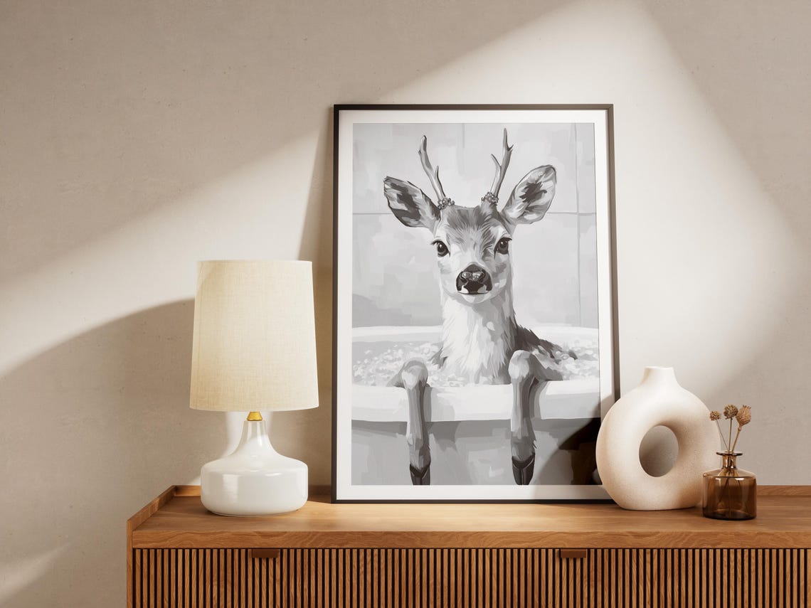 Deer With Antlers In A Bubble Bath Black And White Cute Art Poster - Image 4