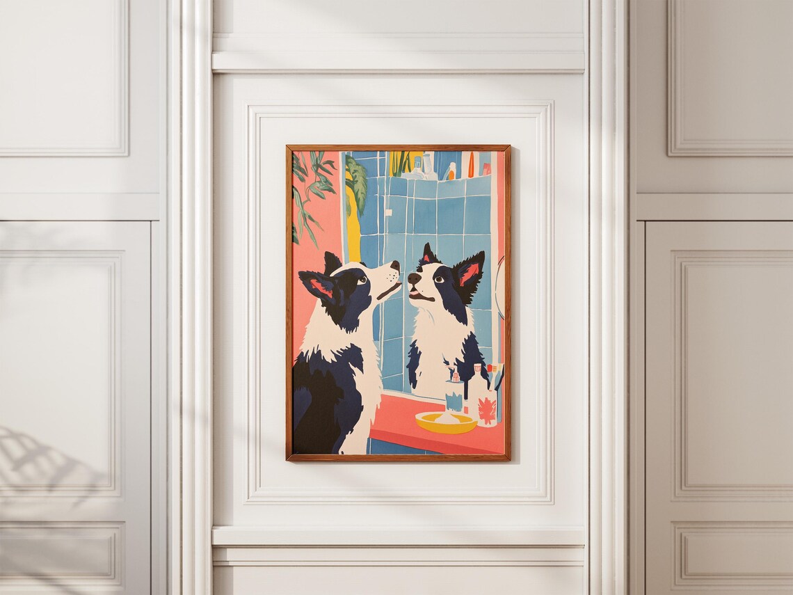 Border Collie Dog Print Cute Dog Art Pet Portrait Bathroom Print Modern Dog Poster Minimalist Pet Decor Funny Dog Poster Blue And Pink Wall - Image 2