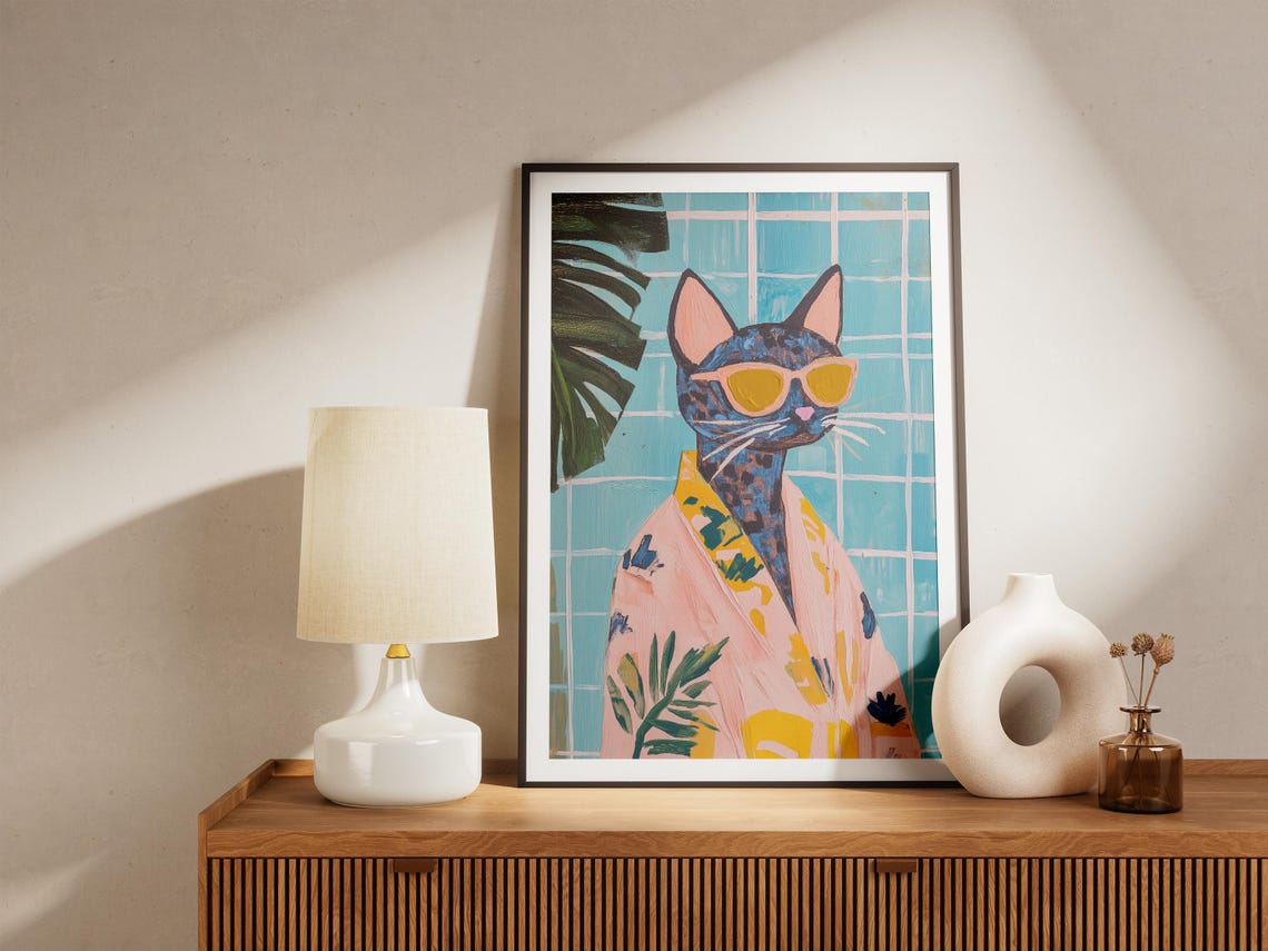 Savannah Cat in Sunglasses Pink Kimono Tropical Bath Art Poster - Image 4