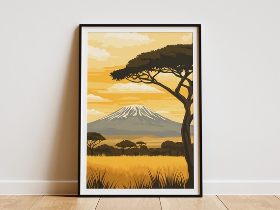 Arusha Tanzania Golden Savanna Snowy Volcano Sunset Travel Poster