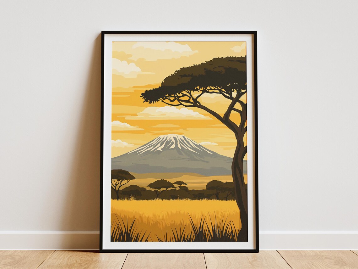 Arusha Tanzania Golden Savanna Snowy Volcano Sunset Travel Poster