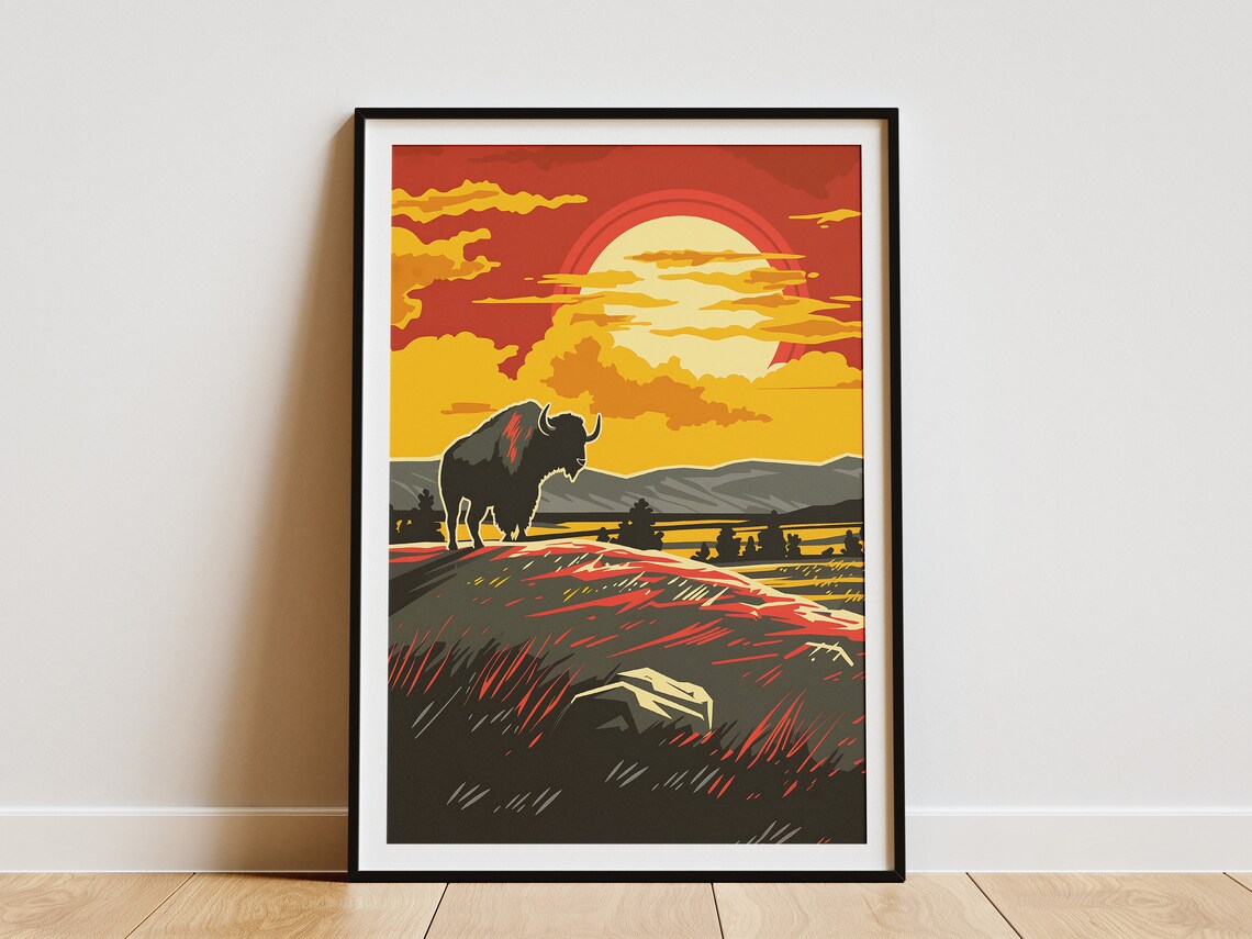 Bison Silhouette on Prairie Sunset Retro Vintage Travel Poster