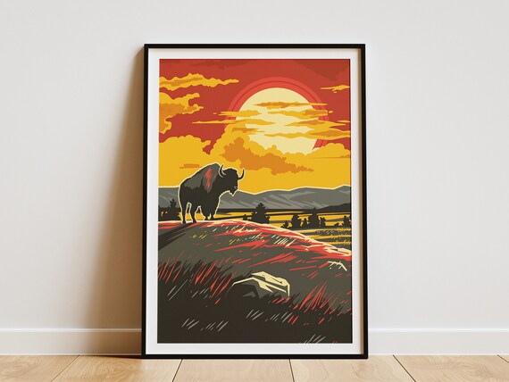 Bison Silhouette on Prairie Sunset Retro Vintage Travel Poster