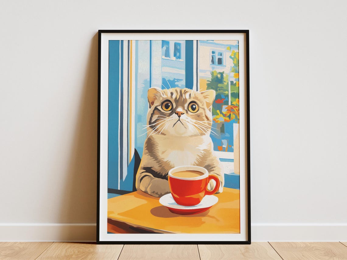 Scottish Fold Cat Drinking Coffee Cozy Cafe Table Art Poster