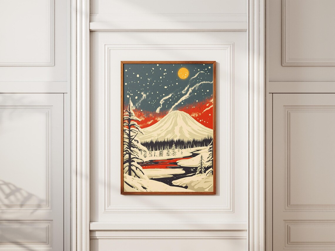 Snowy Mountain Peak at Sunset With a Glowing Yellow Moon Poster - Image 2