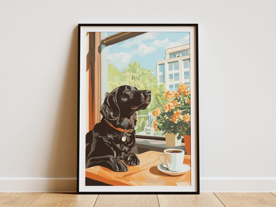Dog Cafe Poster Black Labrador Retriever Art Print Cozy Coffee Shop Wall Decor Pet Lover Gift Matisse Style Oil Painting