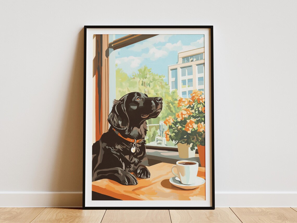 Black Labrador Retriever Dog Cafe Window Coffee Scene Poster